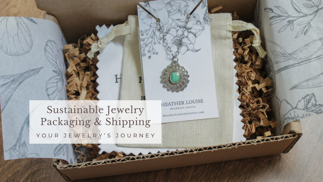 Open recycled jewelry box with cotton pouch, paper crinkle, and sterling silver necklace on card