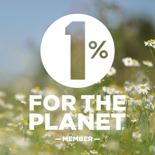 1% for the Planet logo with a field of flowers in the background