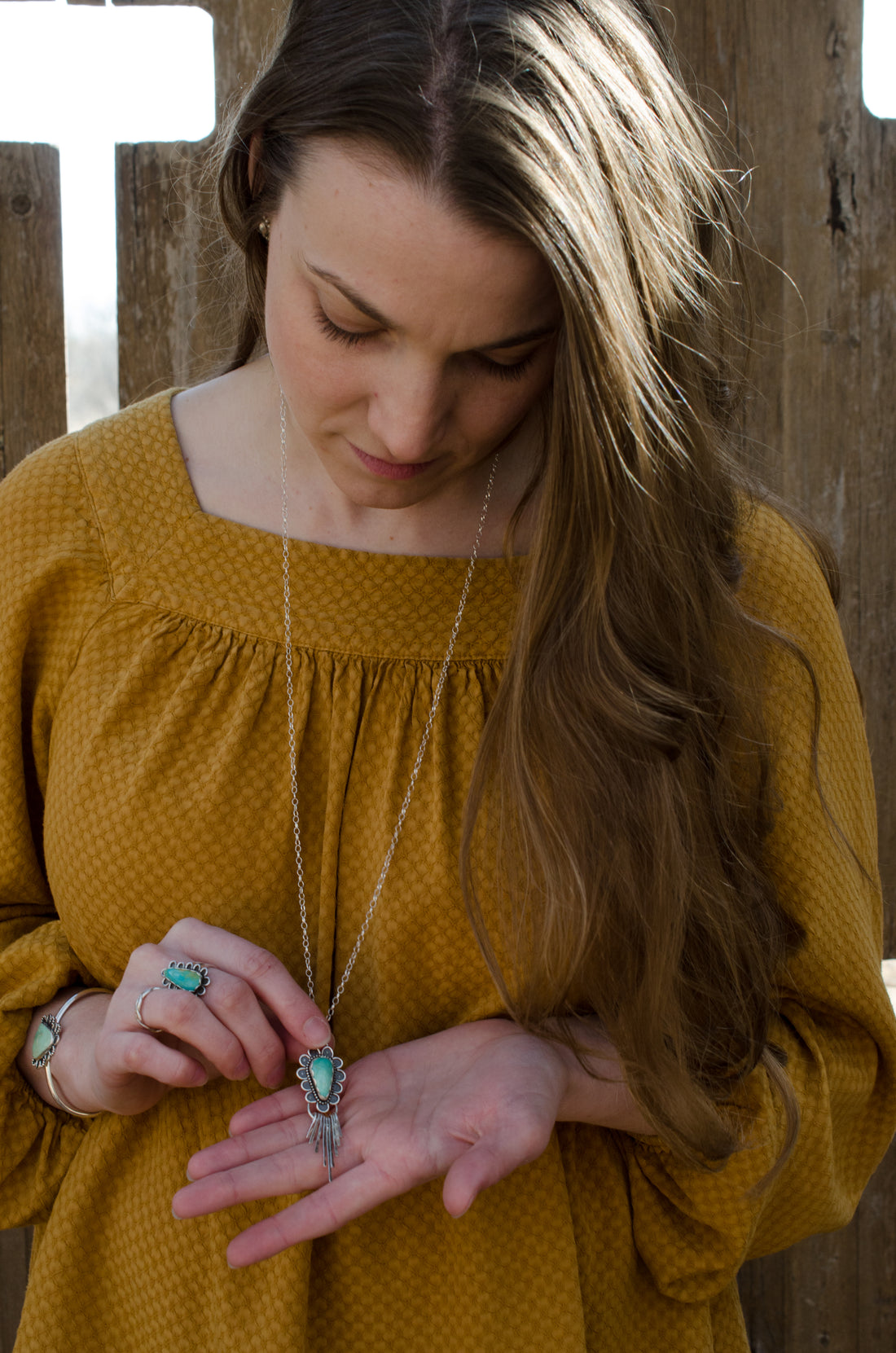 Handmade Fringe Turquoise Necklace on long sterling silver chain