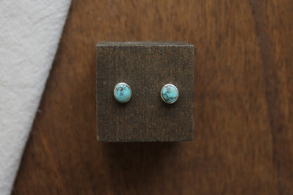 Turquoise stud earrings on a wooden display block