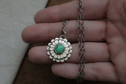 One-of-a-Kind Zinnia Flower Necklace, Perfect for Layering with Genuine Turquoise Gemstone Center