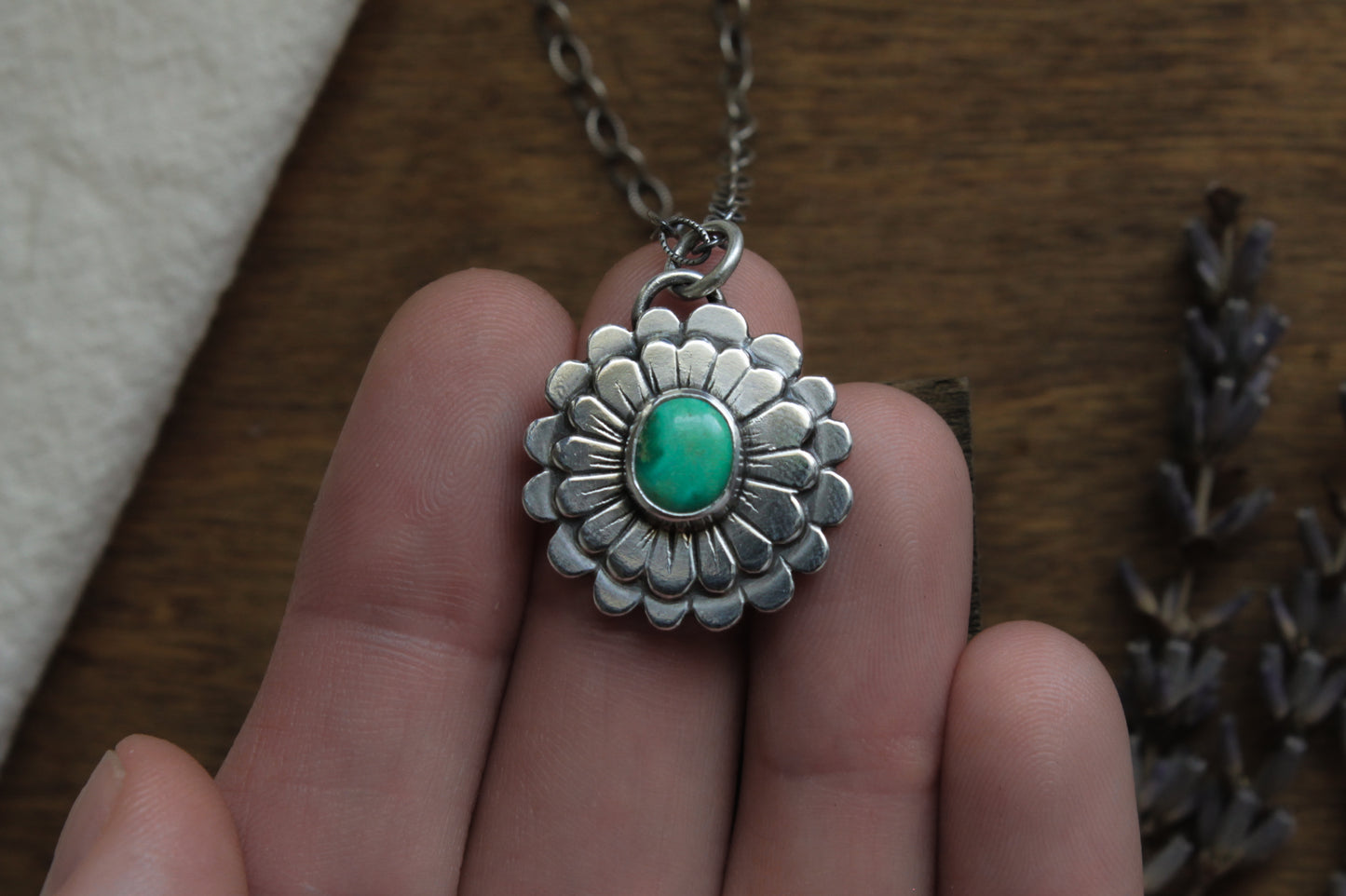 Unique Sterling Silver Zinnia Flower Pendant Necklace with Genuine Emerald Valley Turquoise Gemstone