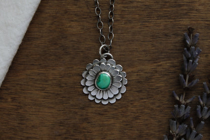 Timeless Zinnia Flower Necklace with Genuine Emerald Valley Turquoise for Nature-Inspired Jewelry