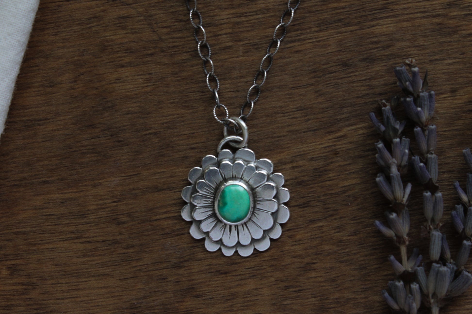 Handmade Zinnia Flower Necklace with Emerald Valley Turquoise Center in Recycled Sterling Silver